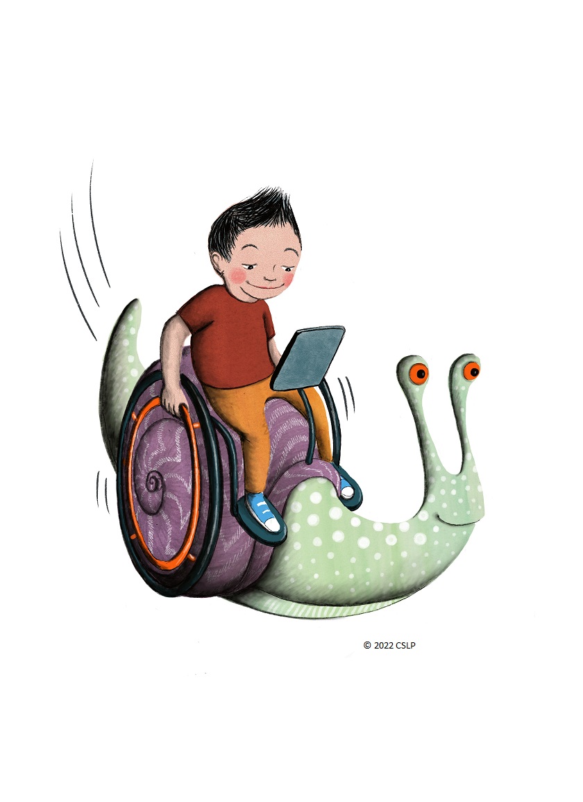Child reading on a wheelchair attached to a snail