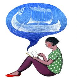 Woman reading about a Viking ship
